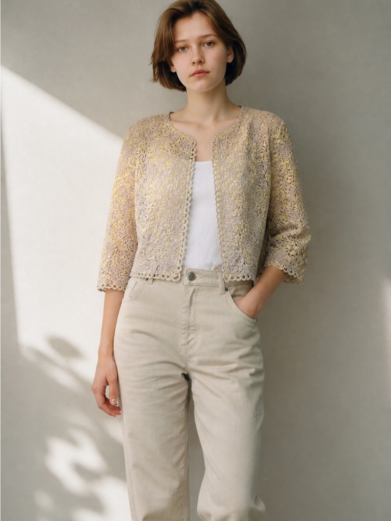 NIC+ZOE Sweaters - NIC+ZOE Yellow & Gray Lace-Overlay Open Cardigan Jacket size M